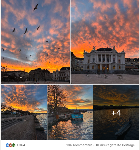 Das kommt gut an: Ein schöner Sonnenuntergang in Zürich. Ein Screenshot eines LinkedIn-Posts, der den Sonnenuntergang in Zuerich zeigt
